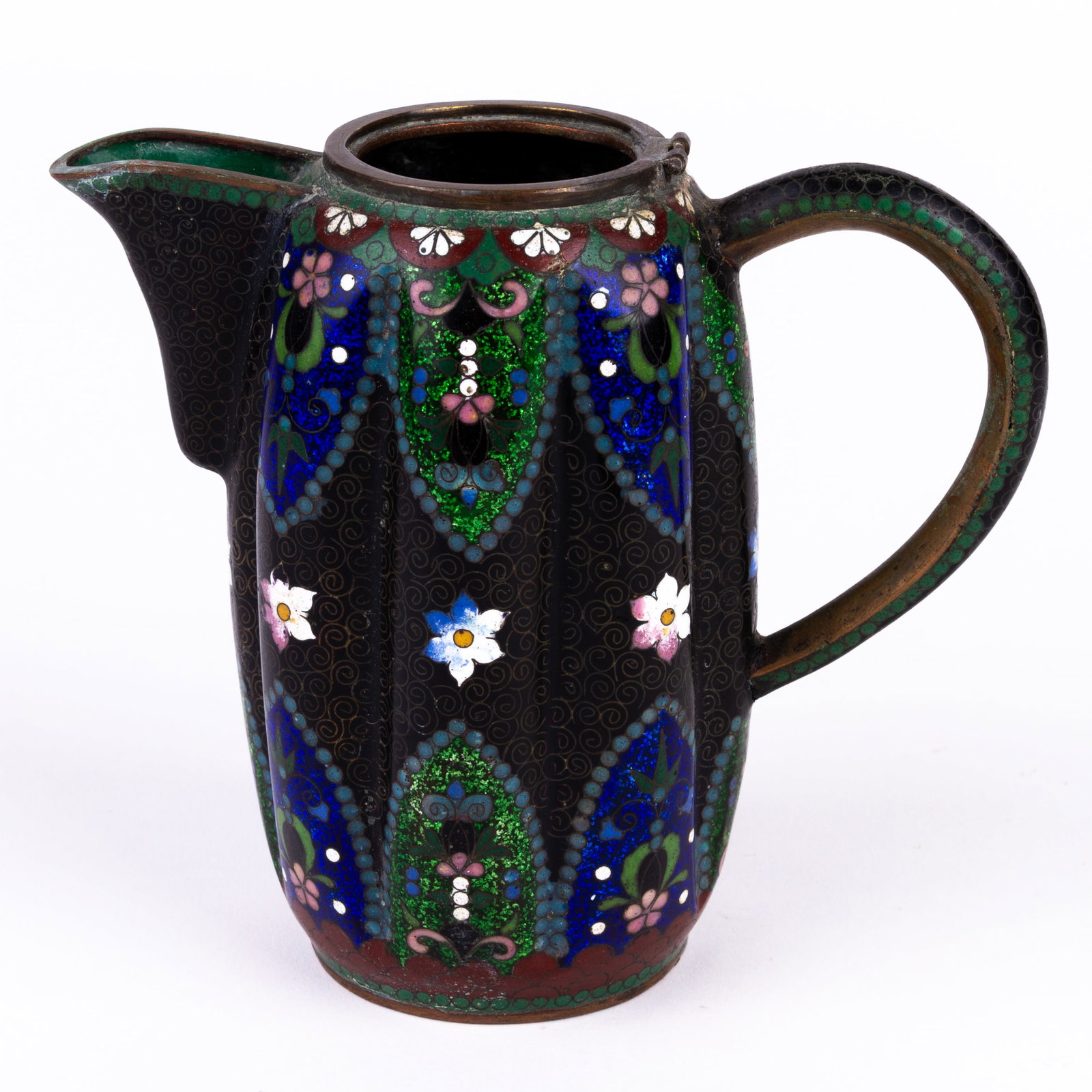 Japanese Cloisonne Enamel Bronze Jug 19th Century Meiji: DIMENSIONS APPROX 13x12x7.5CM.