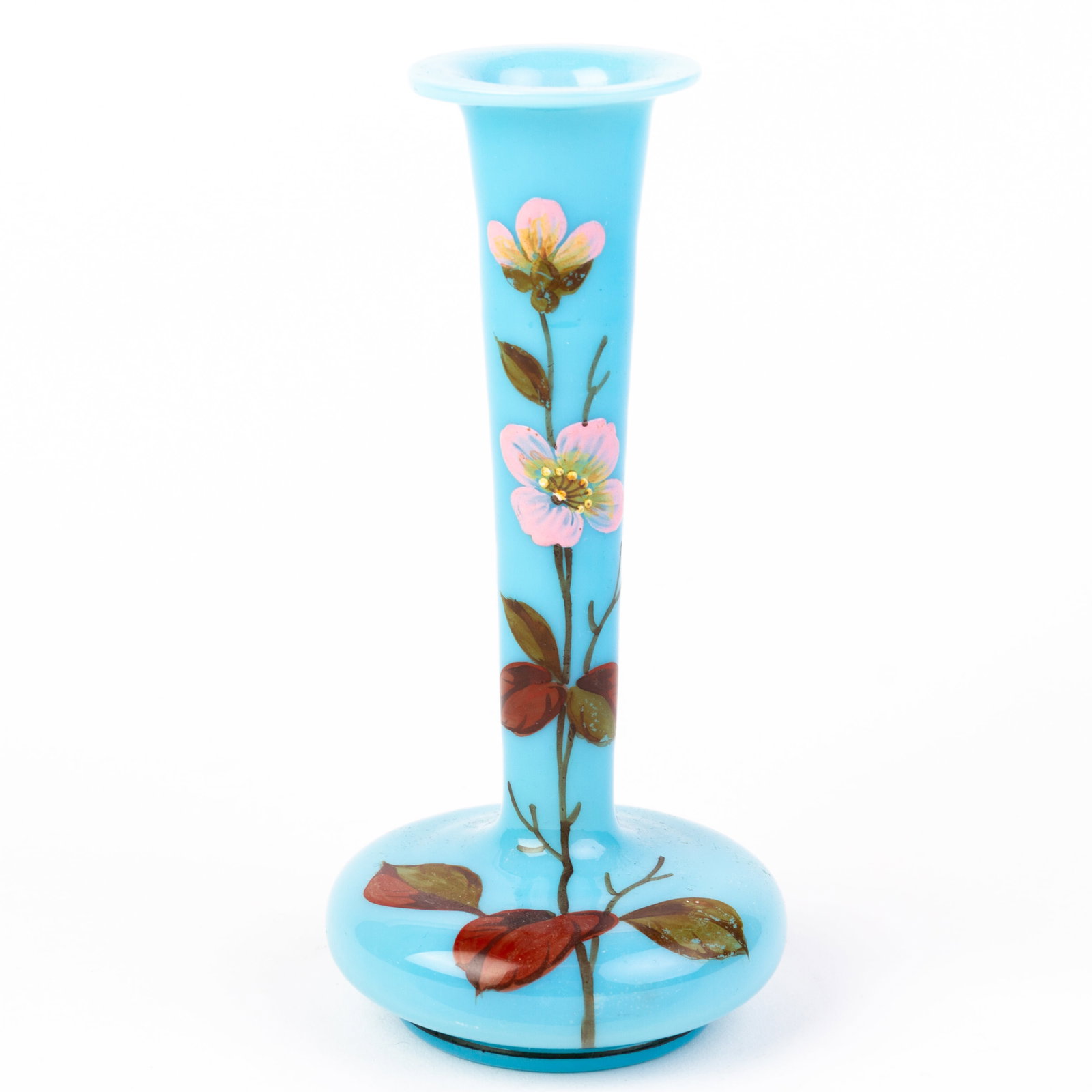 Art Deco Czech Opaline Enamel Painted Vase: DIMENSIONS APPROX 8x8x17CM.