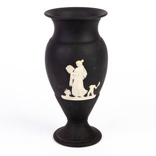 Wedgwood Black Basalt Neoclassical Vase: DIMENSIONS APPROX 10x10x19CM.