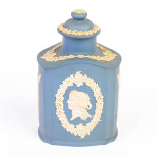 Wedgwood Blue Jasperware Neoclassical Tea Caddy: DIMENSIONS APPROX 10x7.5x16CM.