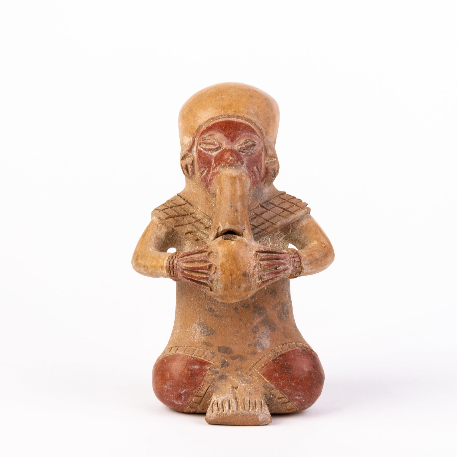 Pre-Incan Manabi Culture Musician Statue (500BC-500AD): DIMENSIONS APPROX 16.5x8x7CM.
