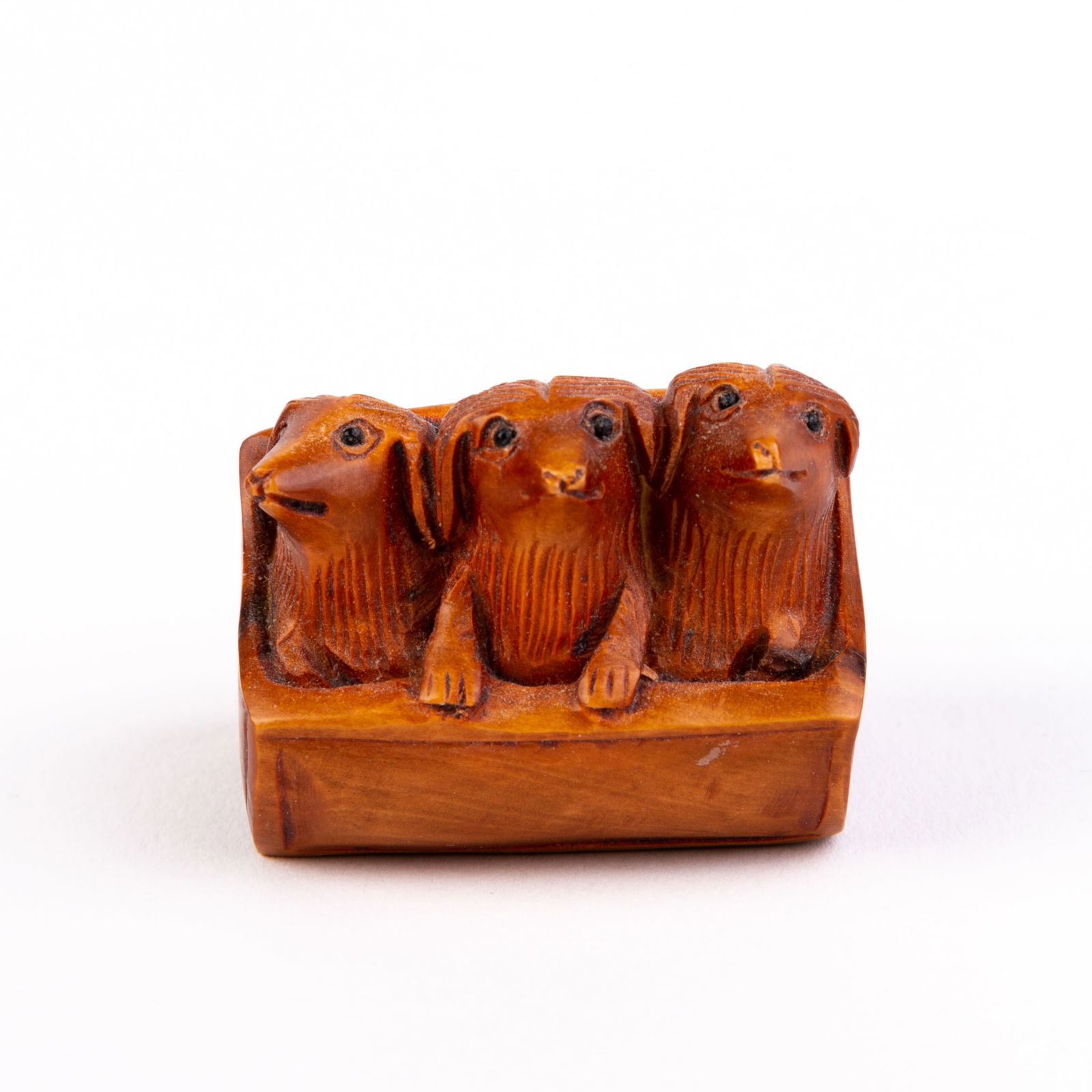 Signed Japanese Boxwood Netsuke Inro of Dogs (1 of 5)
