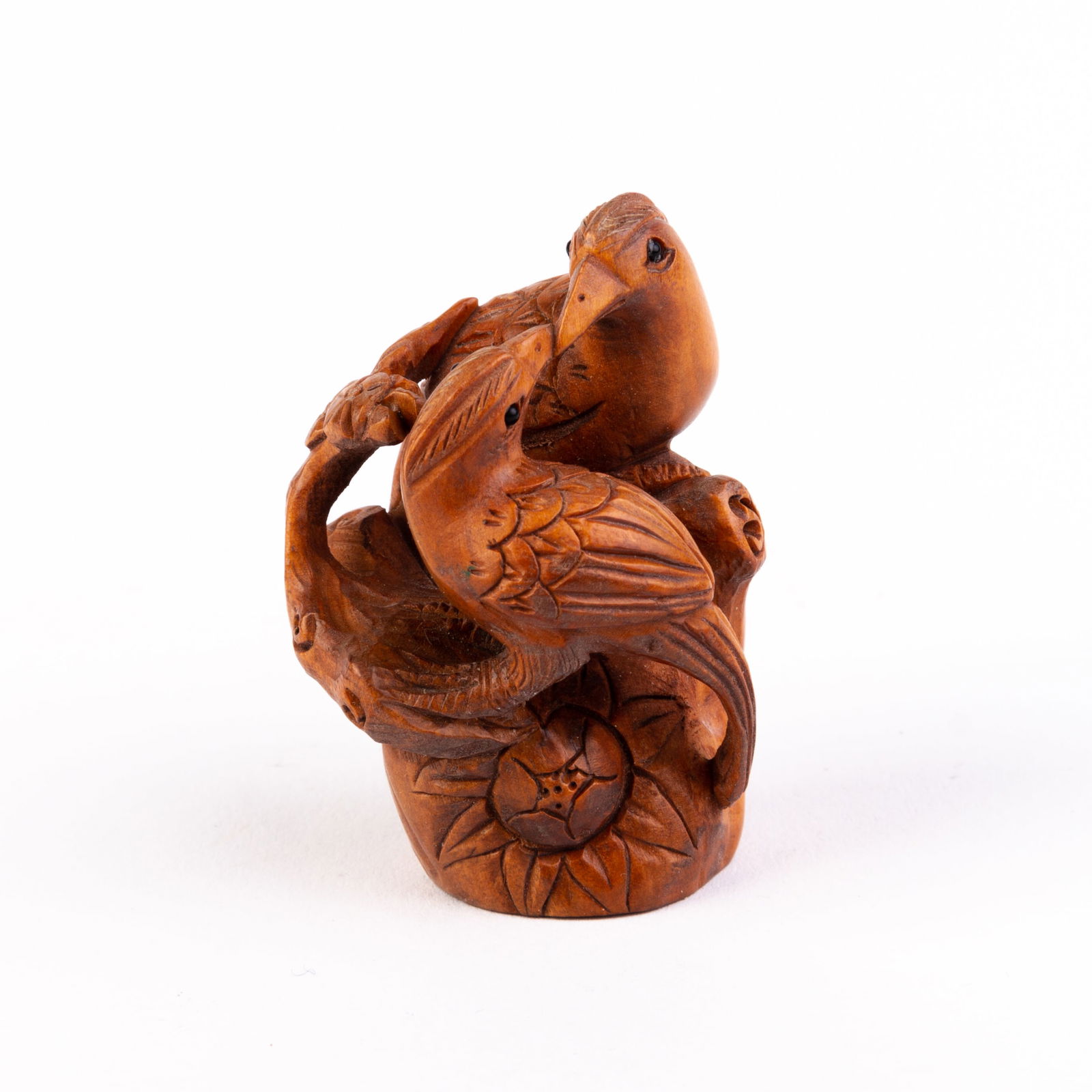 Signed Japanese Boxwood Netsuke Inro of Birds (1 of 5)
