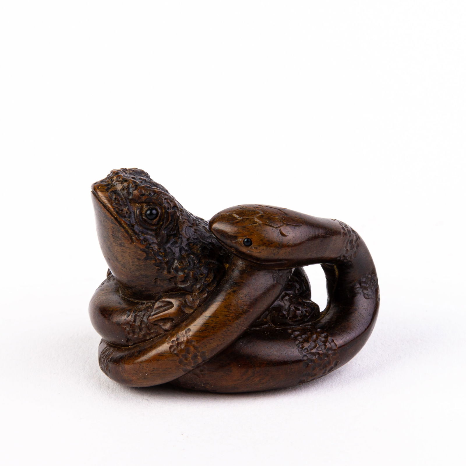 Signed Japanese Dark Wood Netsuke of Snake Trapping Toad (1 of 5)