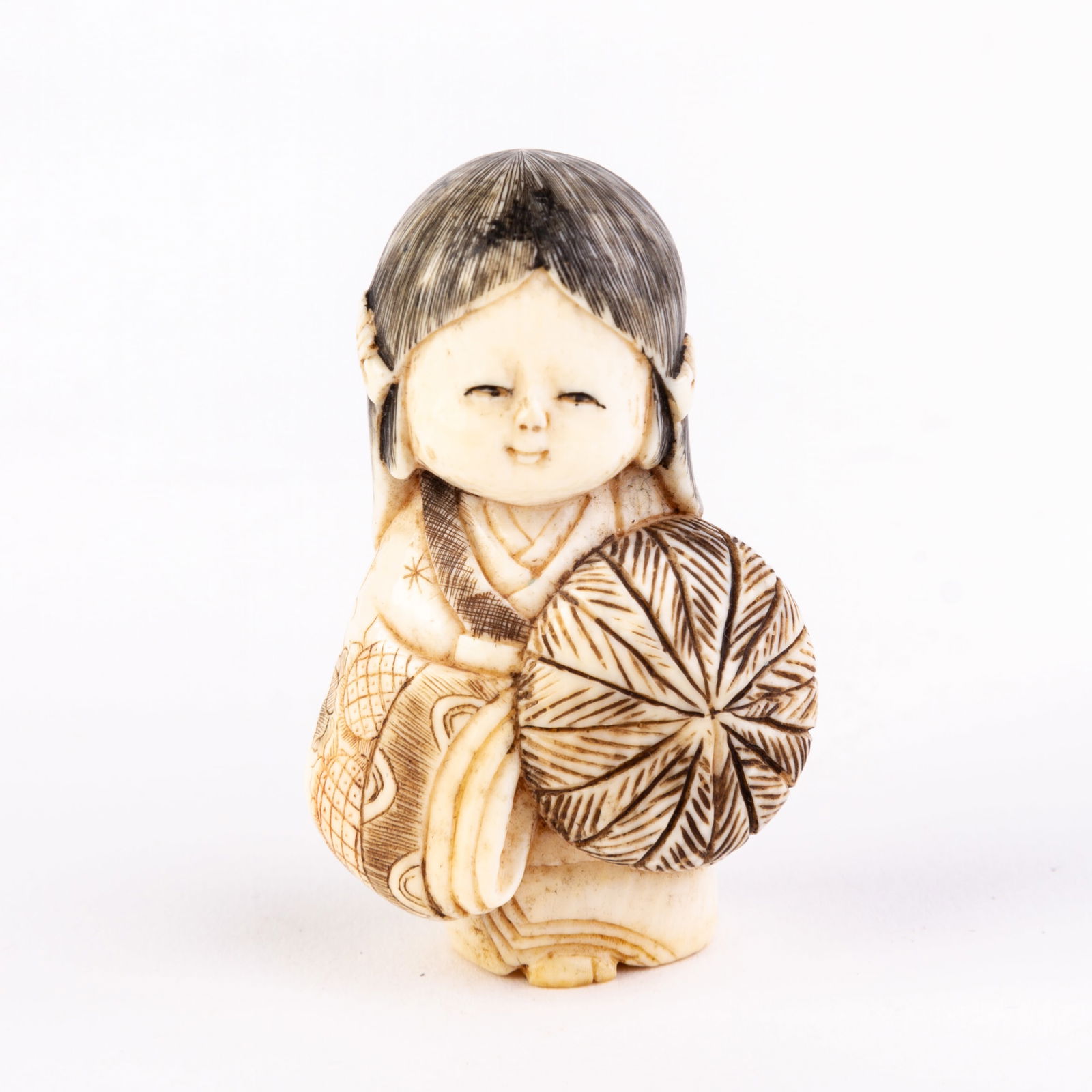 Signed Japanese Meiji Netsuke Inro of Girl in Kimono (1 of 5)