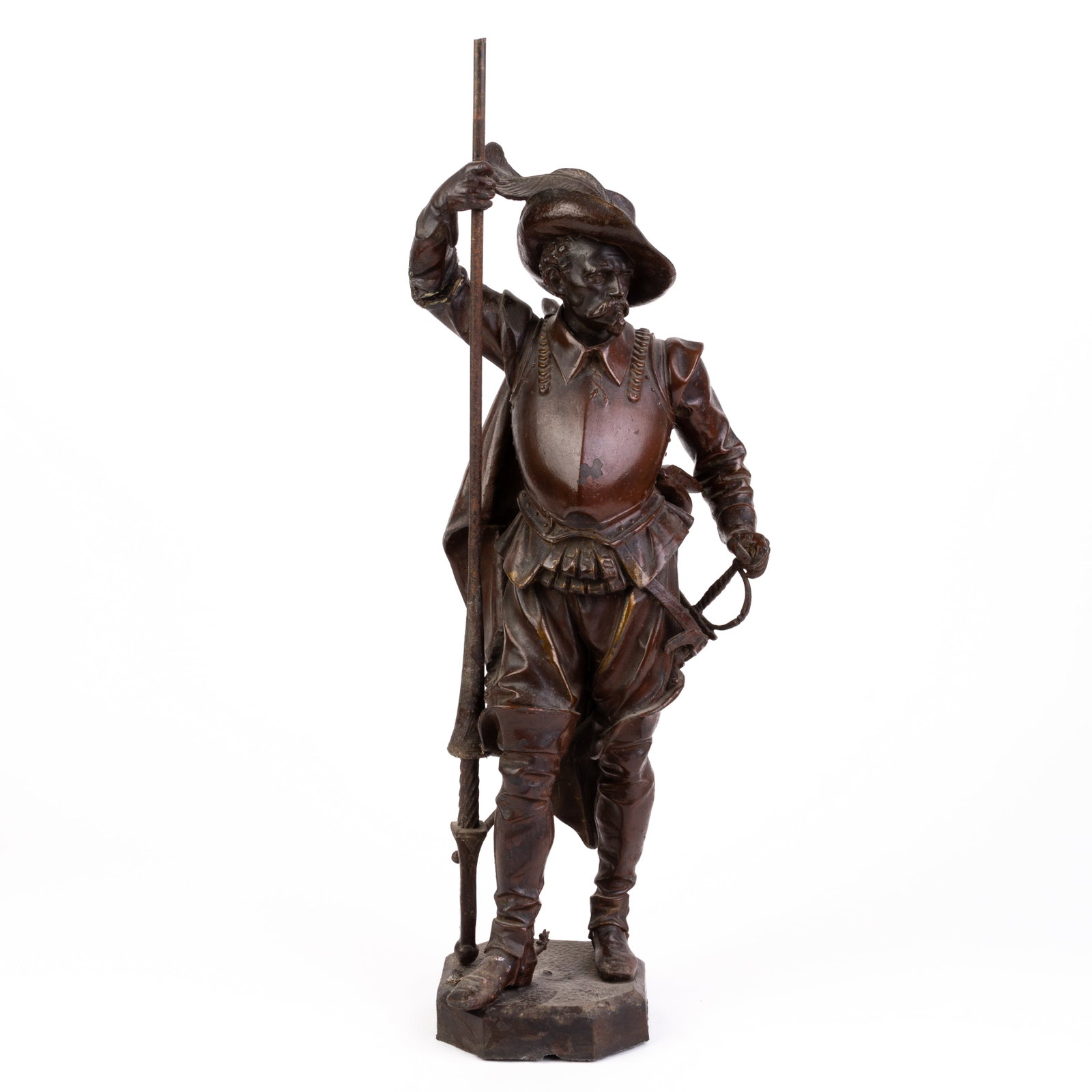 After Auguste Poitevin Spelter Sculpture Cavalier 19th Century: DIMENSIONS APPROX 14x14x57CM