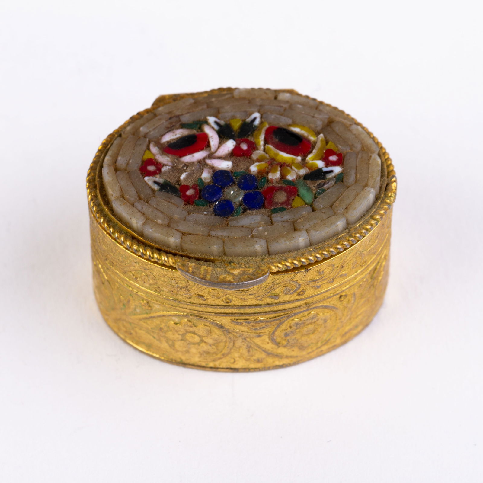 Italian Gilt Mounted Engraved Murano Venetian Micromosaic Glass Pill Box: DIMENSIONS APPROX 3x2.5x2CM.
