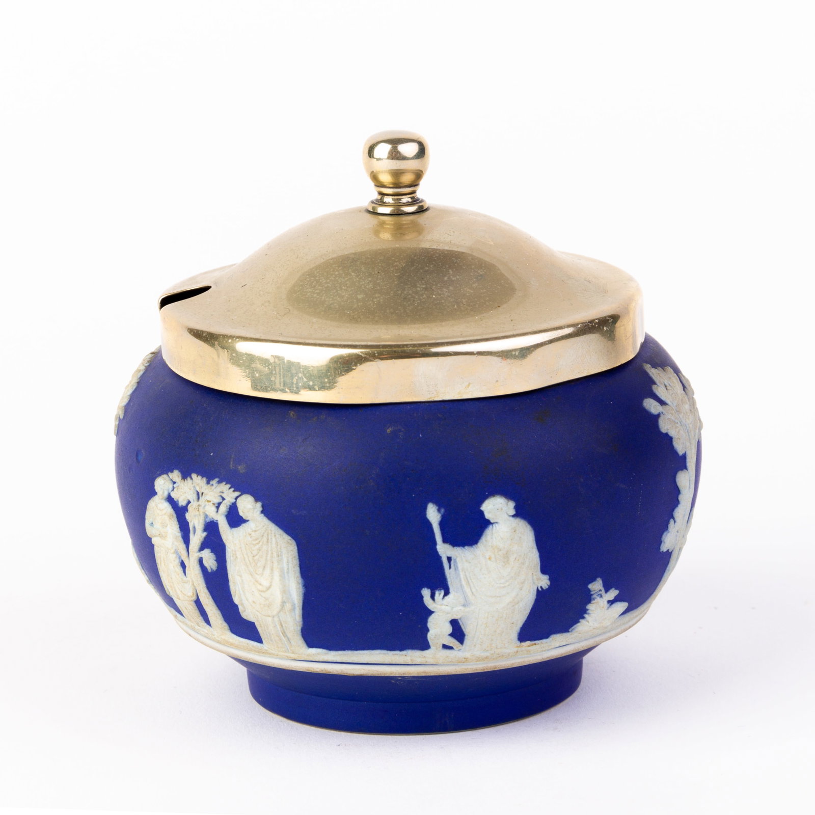 Wedgwood Portland Blue Jasperware Neoclassical Cameo Lidded Jar: DIMENSIONS APPROX 10x10x11CM.