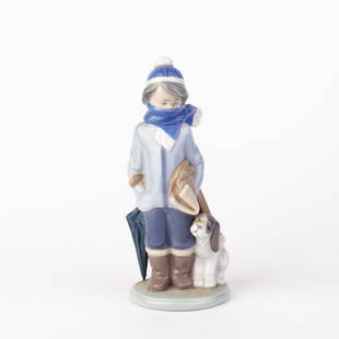 Lladro Fine Porcelain Winter Boy with Dog Figure #5220: DIMENSIONS APPROX 20x8x7CM.