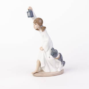 Nao Lladro Fine Porcelain Lantern Girl with Dog Figure: DIMENSIONS APPROX 11x6x21CM.