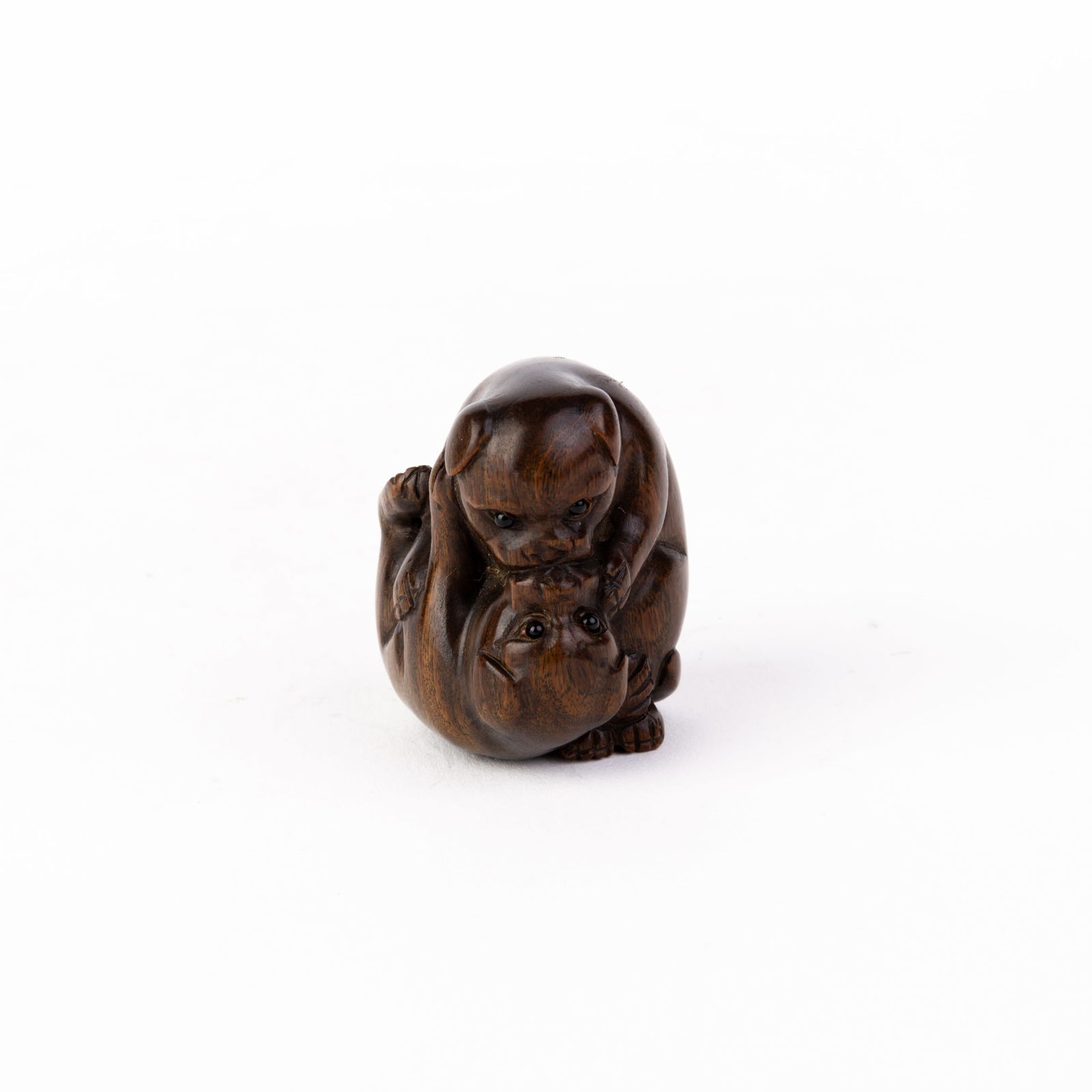 Signed Japanese Boxwood Netsuke Inro Playful Pugs Meiji Period (1 of 5)