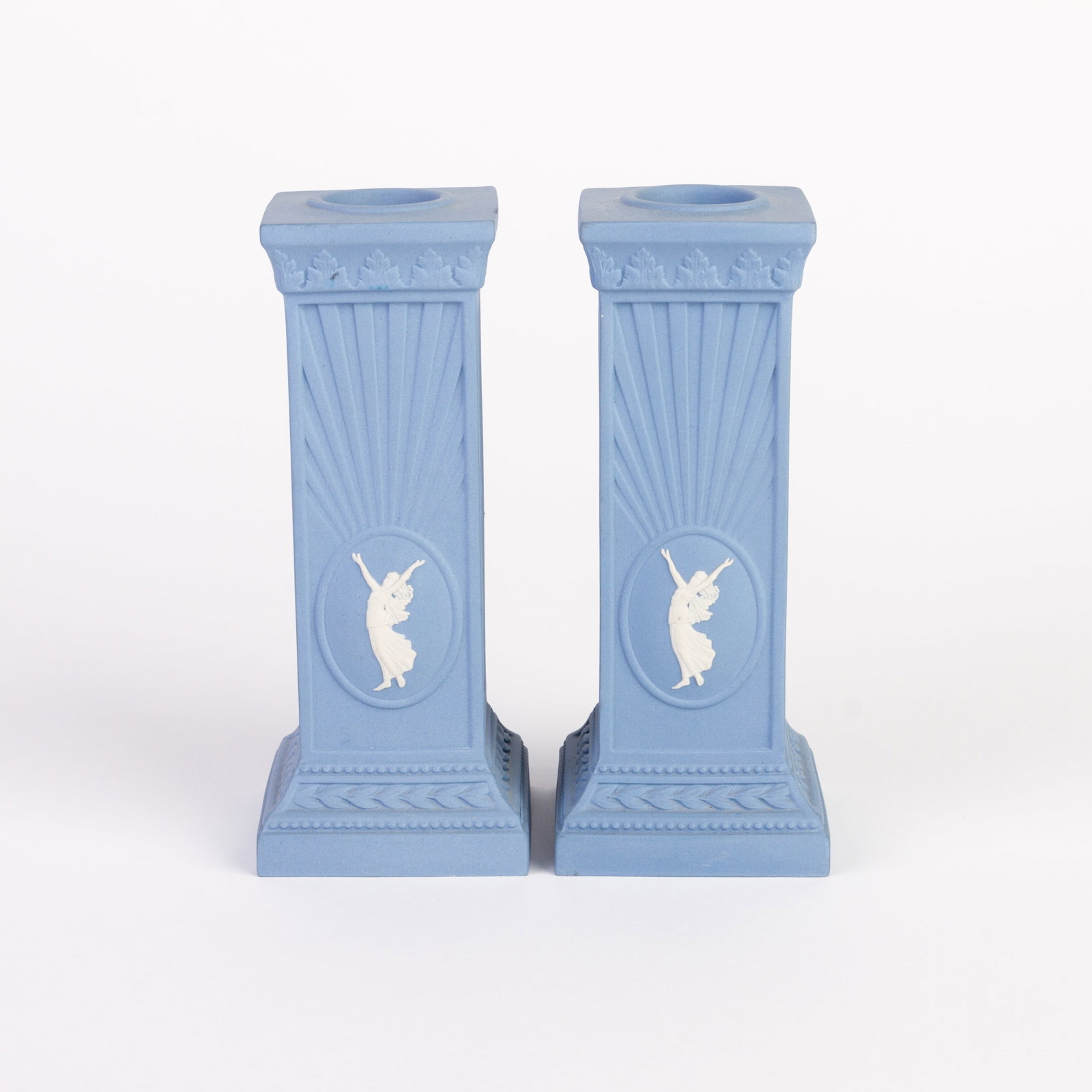 Wedgwood Dancing Hours Blue Jasperware Candlesticks: DIMENSIONS APPROX 15x6x6CM.