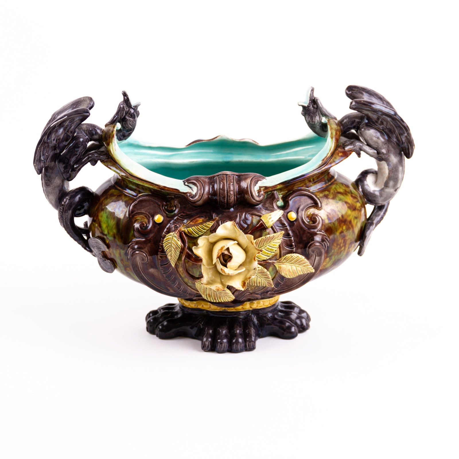 Gothic French Majolica Centrepiece Planter Jardiniere 19thC: DIMENSIONS APPROX 50x33x33CM.