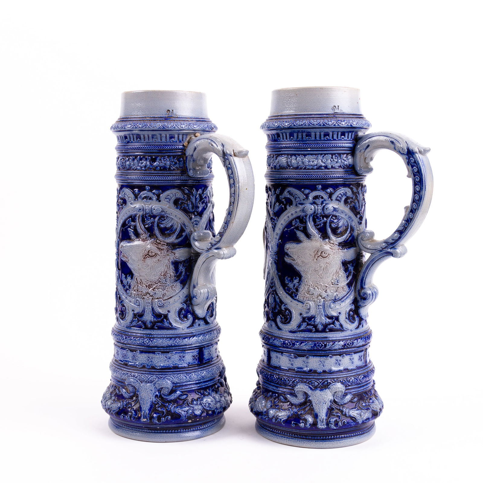 Large Pair of German Westerwald Salt-Glazed Ceramic Beer Steins (1 of 5)