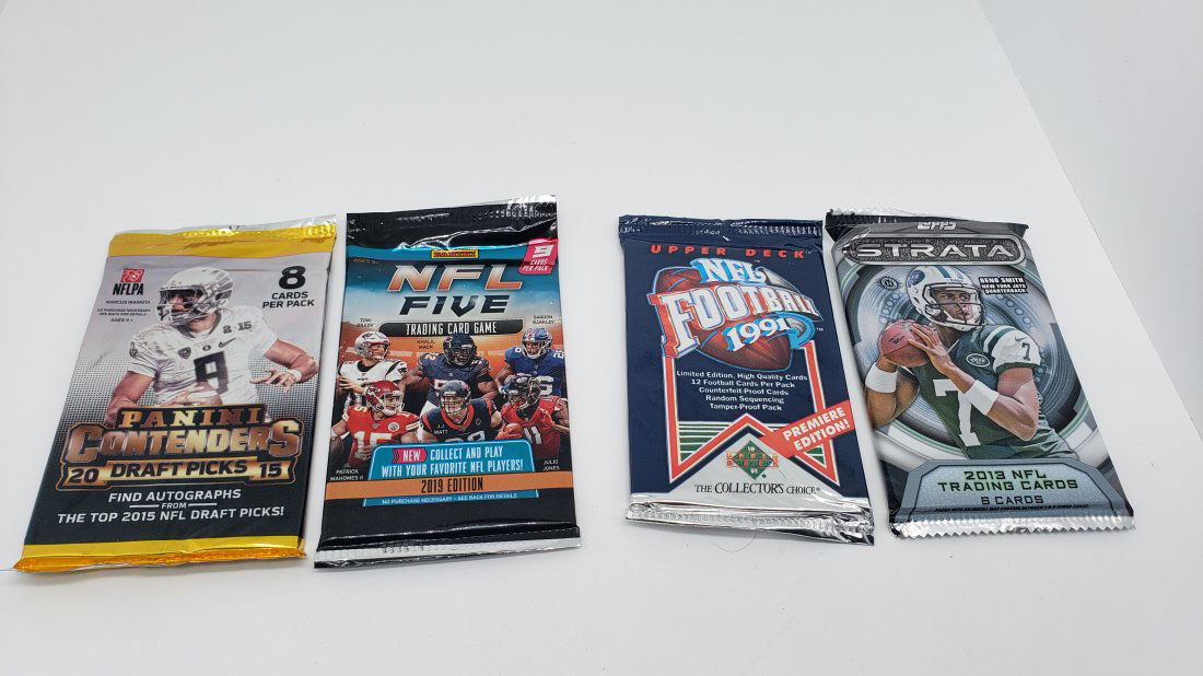 (4) NFL packs. 2015 Contenders draft picks, 2019 NFL five, 1991 Upper Deck, 2013 Topps Strata (1 of 6)