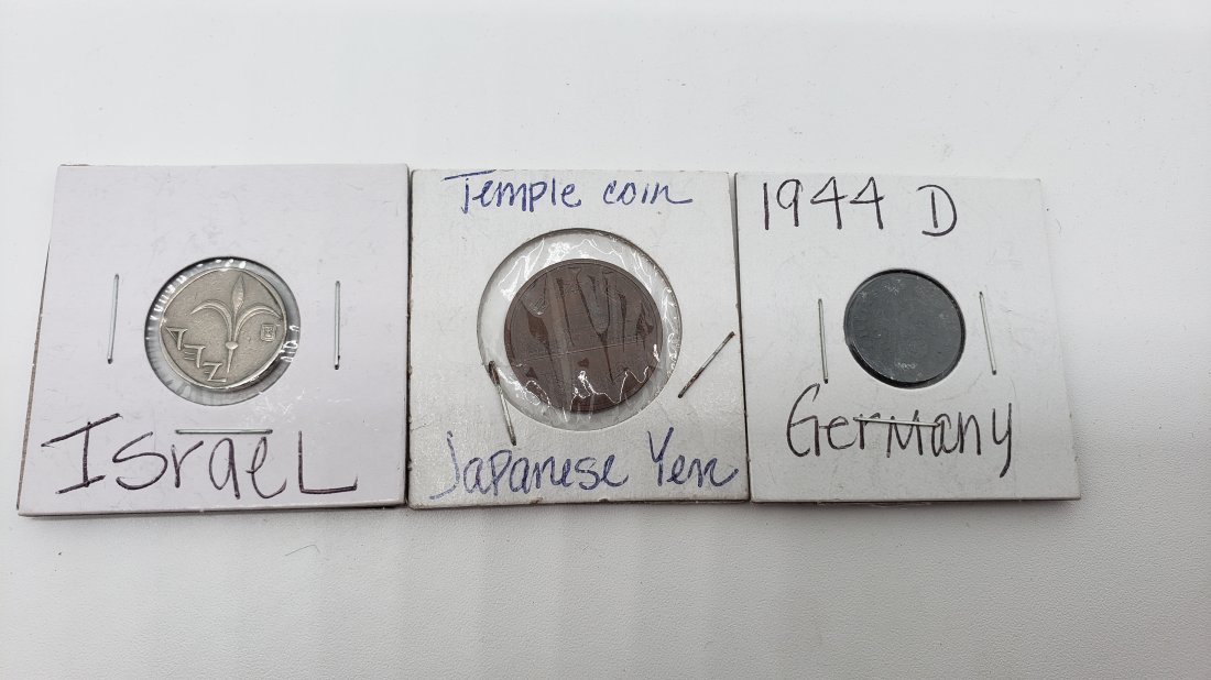 (3) Coins Israel, Japanese Temple Coin, 1994 D Germany: Israel 1 Shekel Coin10 Yen Japanese Coin Phoenix Hall Buddhist Temple Uji Kyoto Germany 3d Reich 1 Reichs pfennig 1944 D. KM#97. One Cent coin. Munich mt Pfennig