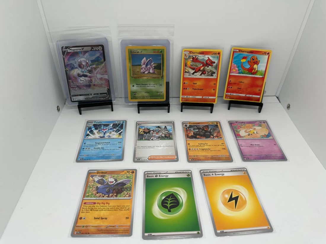(11) TCG Pokemon V, Base Set 2 vintage, Charmander: 11 various Pokemon card from various sets and years. * Add to your playing deck or complete your master sets. * Magearna V * Nidoran Base Set 2 vintage * Charmeleon & Charmander