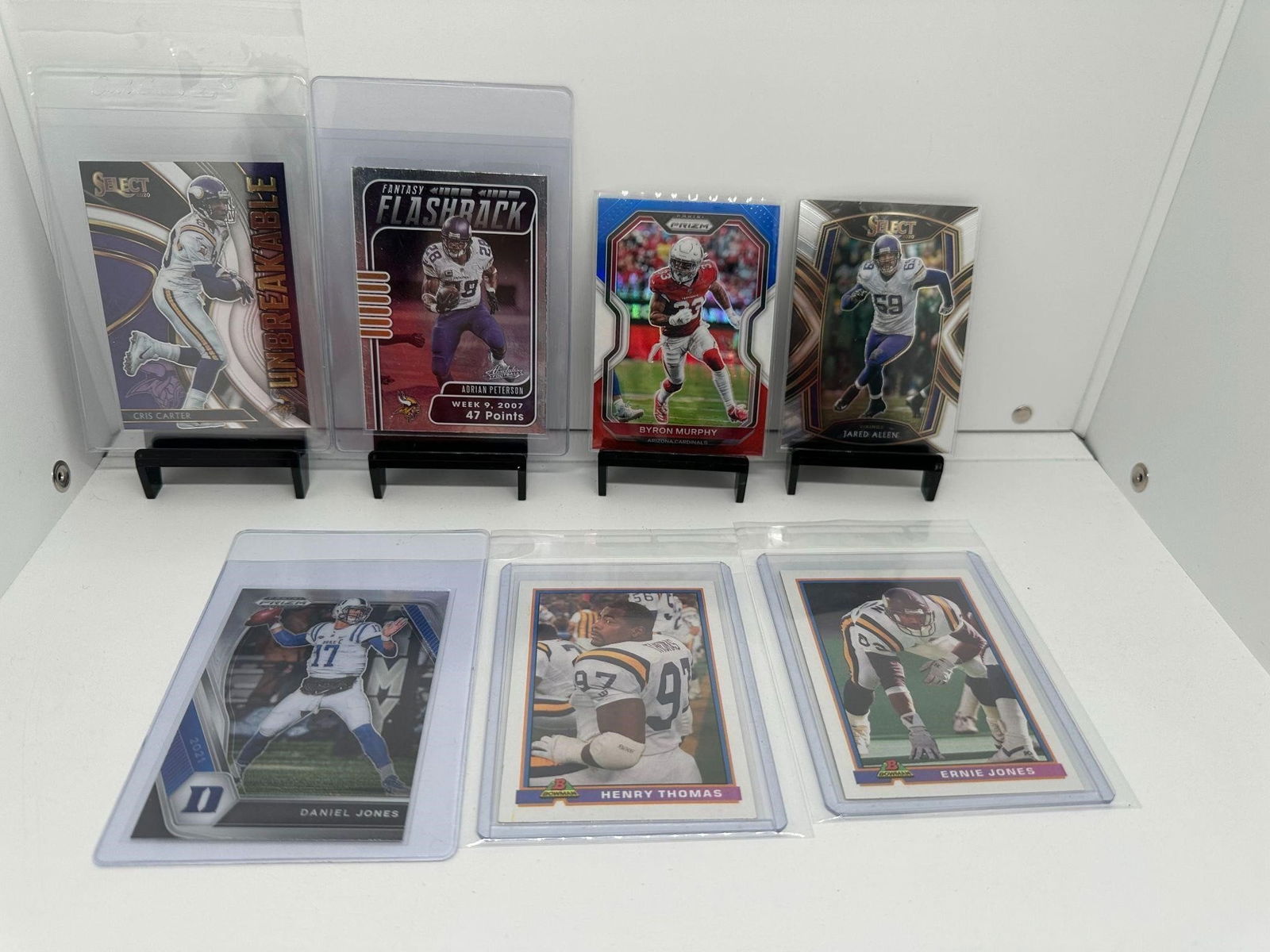 Adrian Peterson Cris Carter Byron Murphy SP: * Minnesota Vikings NFL Football lot* Cris Carter * Adrian Peterson * Byron Murphy ( Cardinals, Color match) short print red white blue* Jared Allen* Daniel Jones, Henry Thomas, Ernie Jones