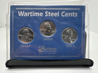 1943 Wartime Steel Cents, Littleton Coin Co., 3 Pennies P, D & S