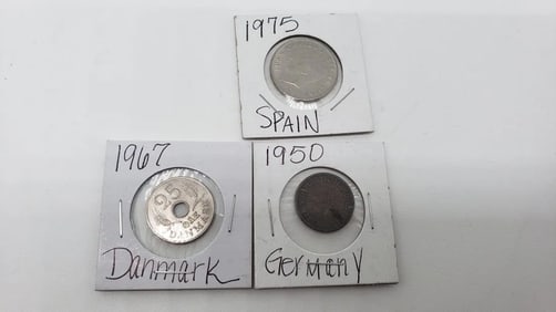 (3) Coins 1975 Spain, 1967 Danmark, 1950 Germany