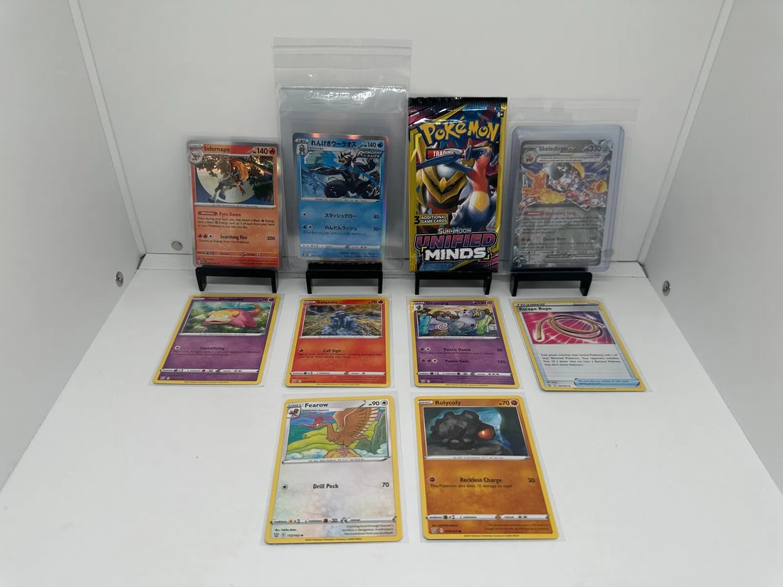 TCG Pokemon Skeledirge EX, Unified Minds pack, Japanese: * (9) TCG Pokemon cards from various sets and years. Add to your playing decks or complete your master sets. * Unified Minds pack * Skeledirge EX * Urshifu Japanese Holo * Infernape Holo