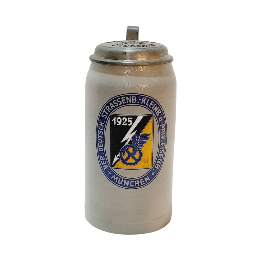 1.0L, Hand Painted Transfer stoneware stein: Unknown maker Wagner Brau Munich pewter lid Circa 1925