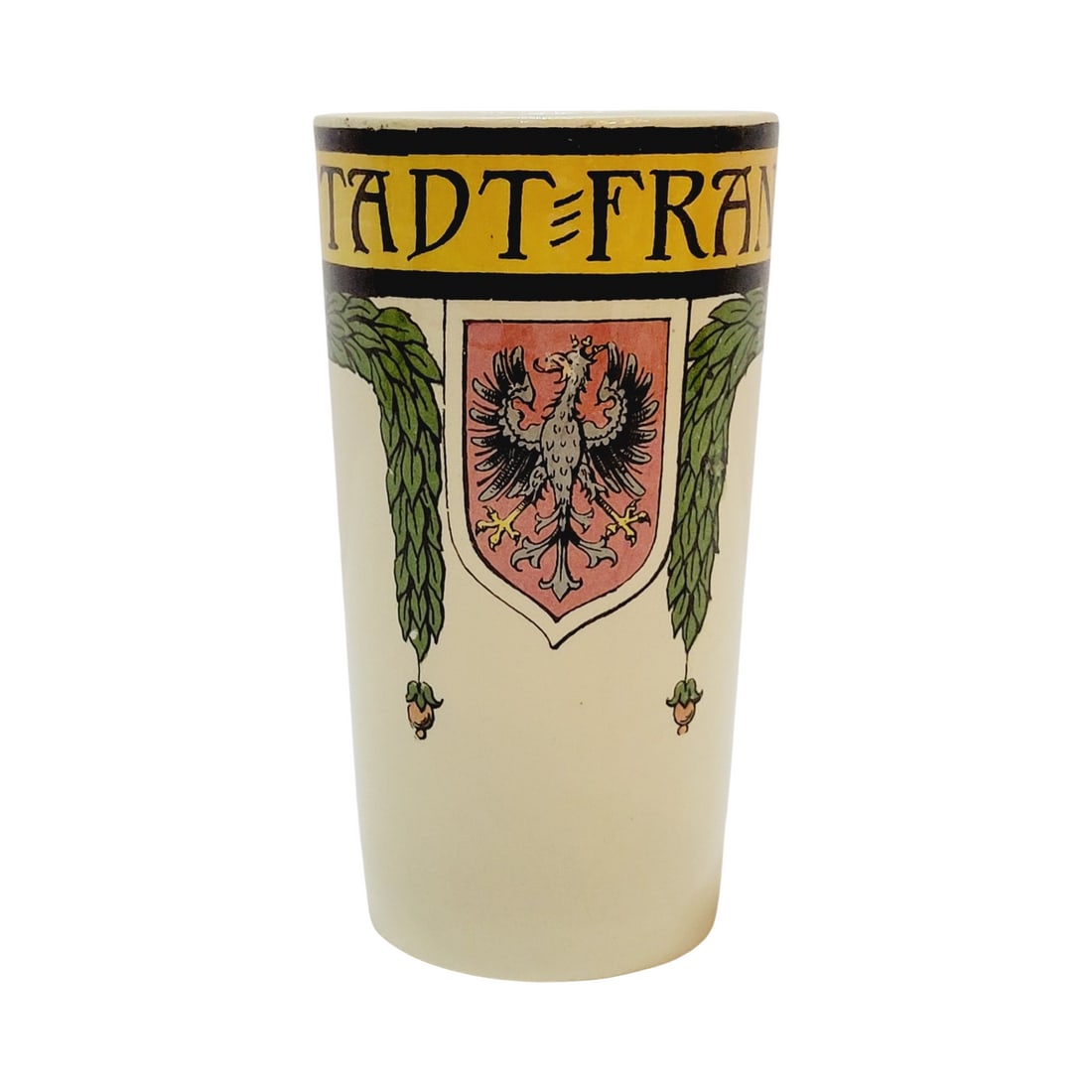 .25L, Mettlach #2327/1200, PUG pottery beaker: City of Frankfurt with Handle circa 1906