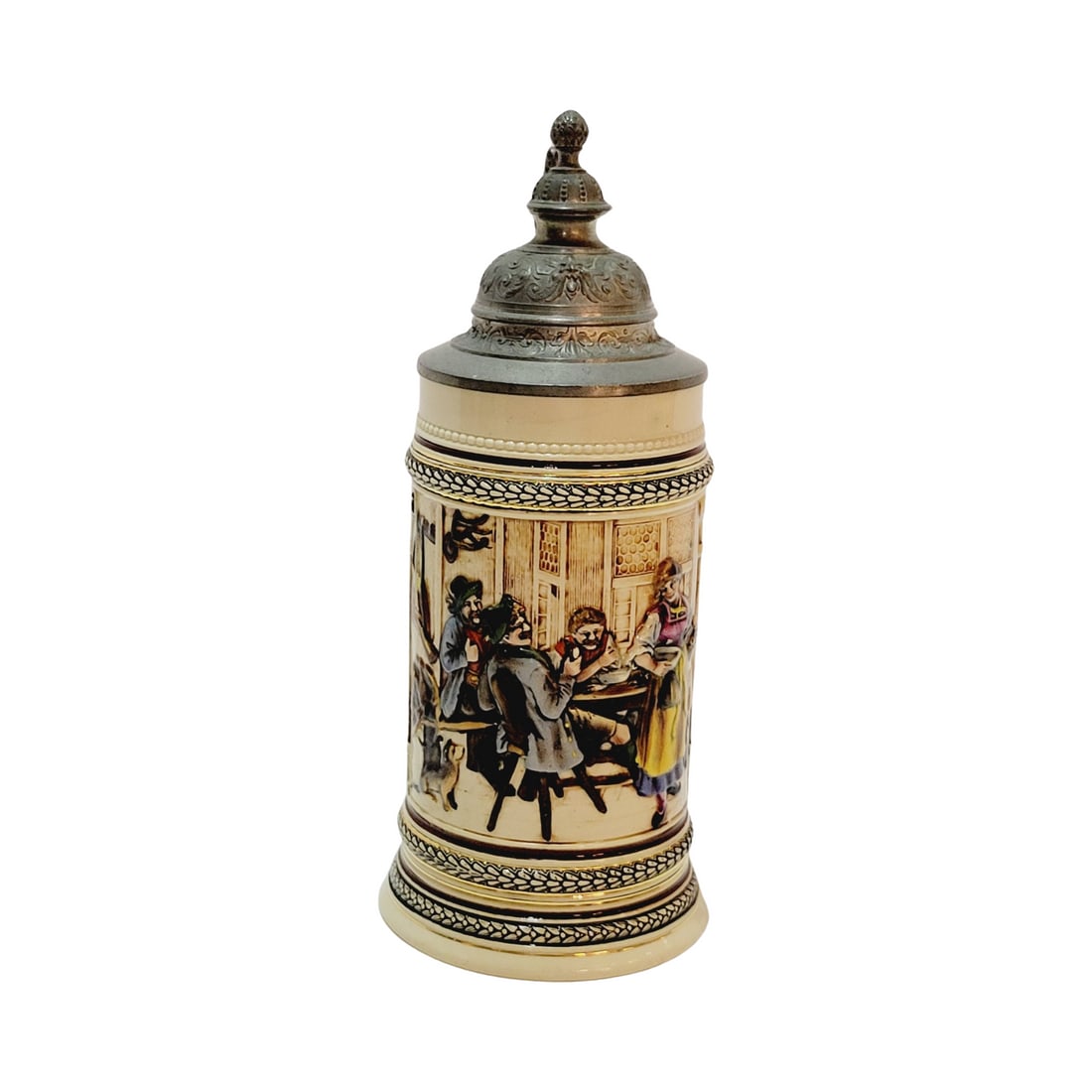 Marzi & Remy #390 Beer Stein, Tavern Scene: 1/2 Pottery Stein in with pewter lid signed by Gustave Thinwible, circa 1890's