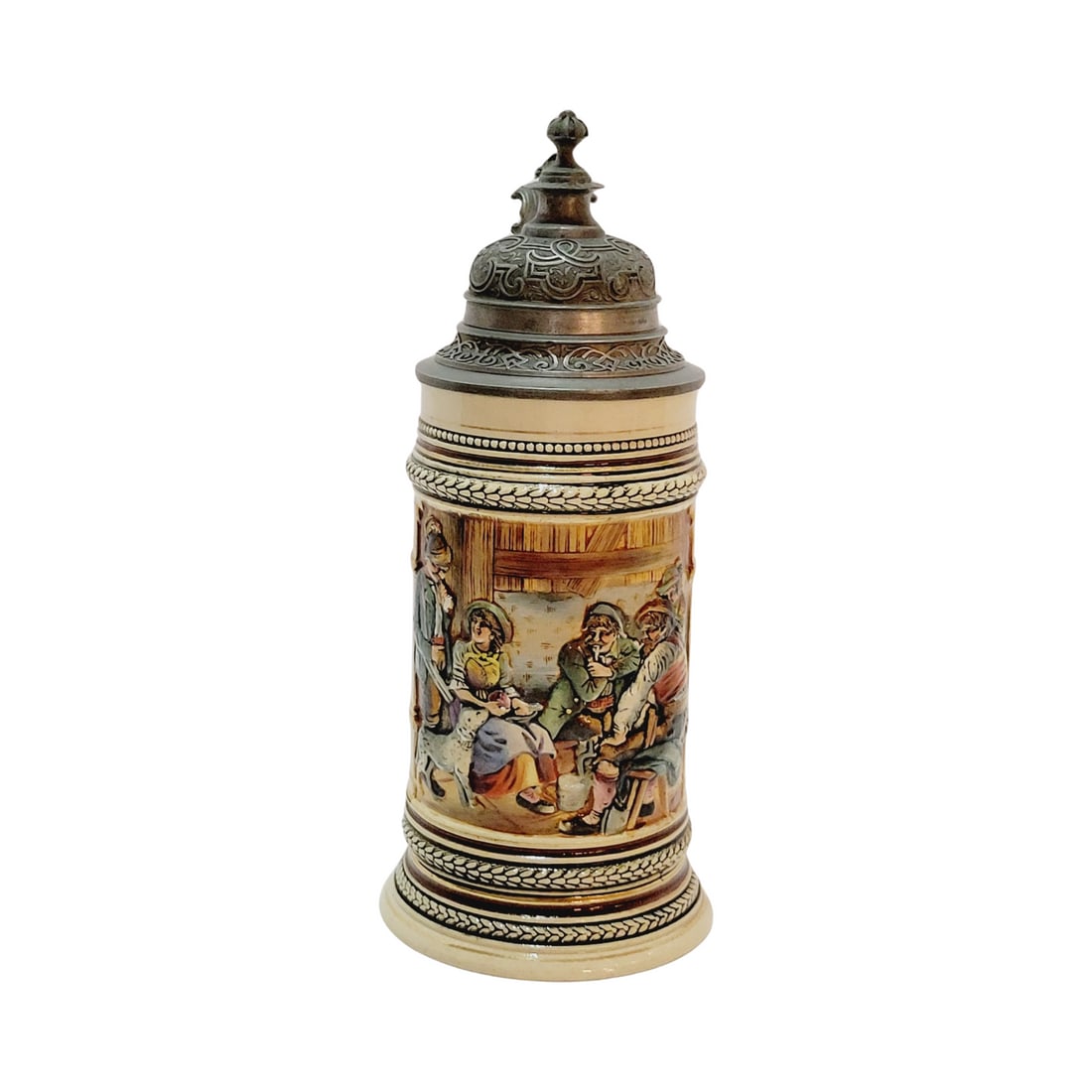 Marzi & Remy #387 Beer Stein, A Hunter's Tales: 1/2 Liter Pottery Stein in relief with pewter lid and in full color signed by Gustave Thinwible, circa 1890's