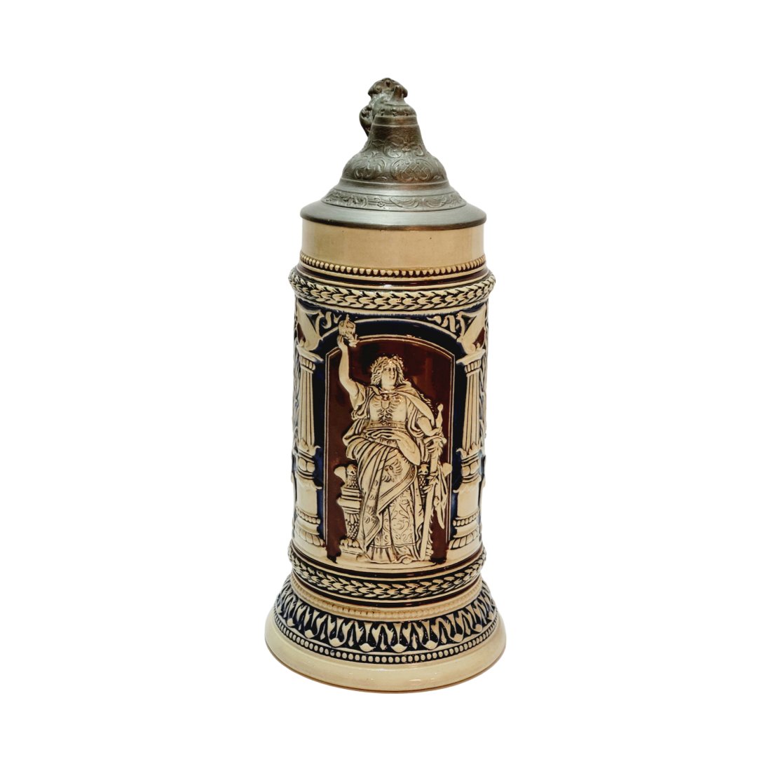 Marzi & Remy #59 Beer Stein, Germania: 1/2 Liter Pottery Stein in relief with pewter lid - Steadfast in loyalty, faithful in the attack. With heart and hand for the fatherland, circa early 1890's