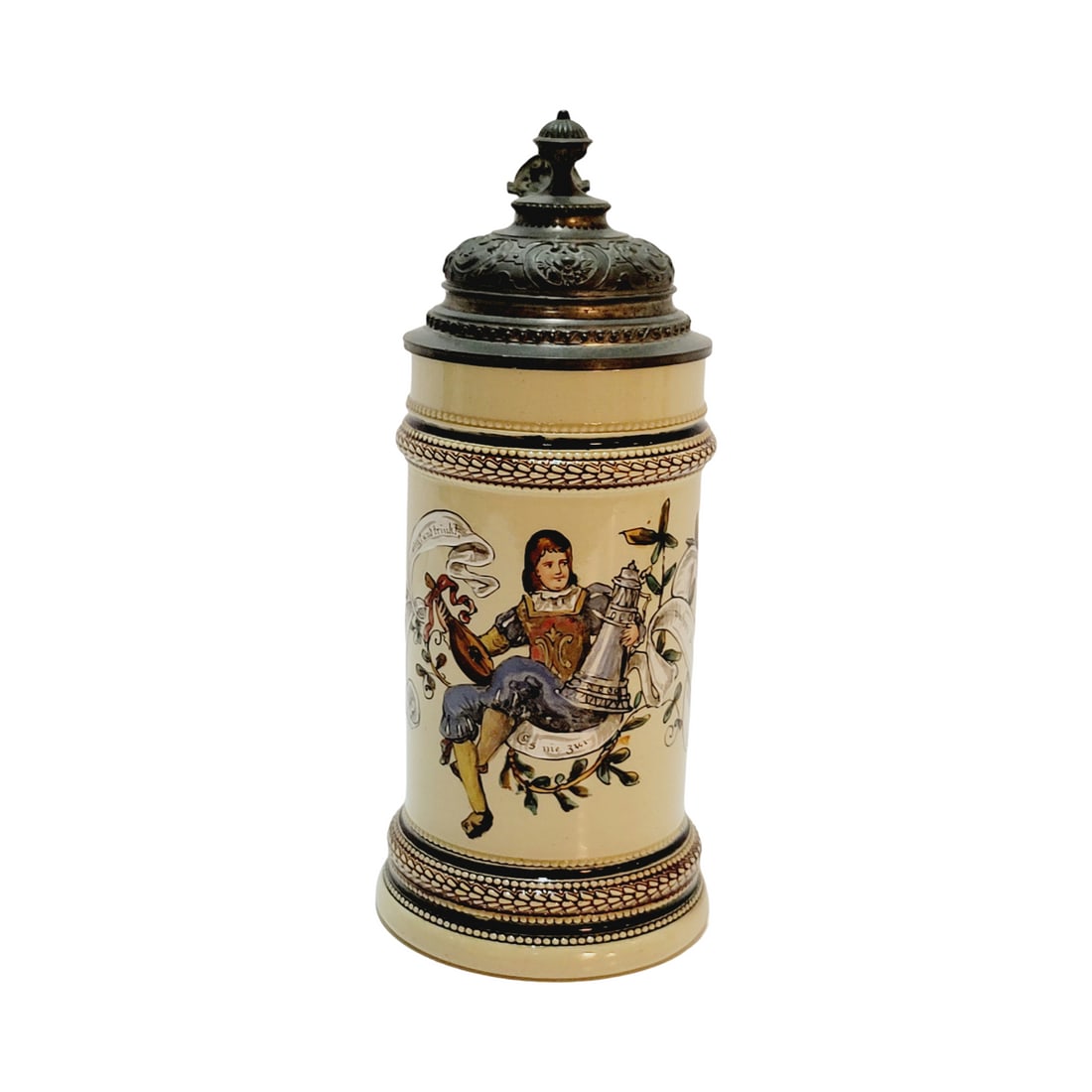 Marzi & Remy #992 Beer Stein, Man with Stein & Guitar: 1/2 Liter Pottery Stein hand painted transfer, circa 1890's