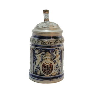 Dumler & Breiden #148 Beer Stein, 4F Gymnastics: 1/2 Liter Stoneware Stein, Blue Salt Glaze in relief with pewter lid signed by Peter Dumler - Good Health. Go on your days work fresh and pious sing with beers happy and free, circa 1880's