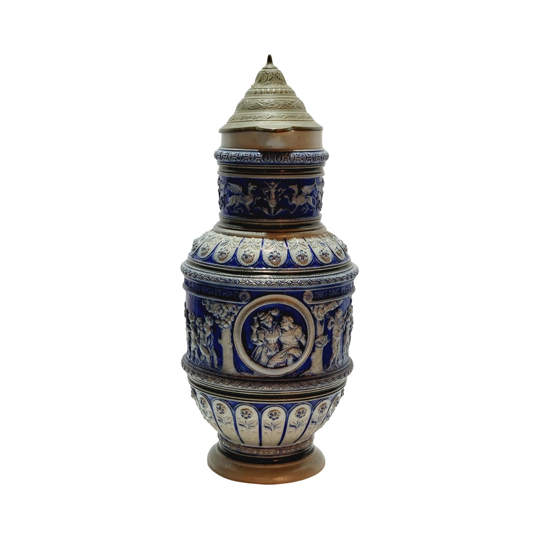 Matthias Girmscheid #361 Beer Stein, Renaissance Couple and Children: 3.0 Liter Stoneware Stein, Blue Salt Glaze - Three things at home are bothersome, smoke, an evil wife who produces too many children and no bread in the house, circa early 1880's