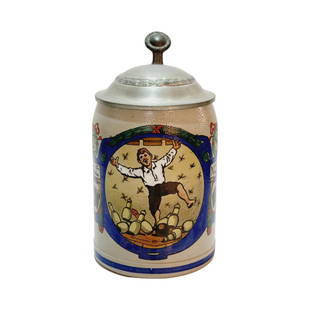 German Beer Stein, Alle Neun Bowling Stein: 1/2 Liter Stoneware Stein, Salt Glaze hand painted transfer signed by Carl Moos, possibly a Dumler & Breiden, circa early 1900's