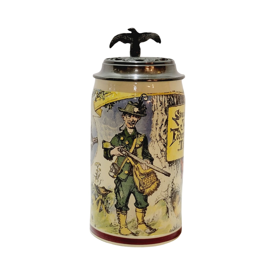Mettlach #1909/1073 Beer Stein, Hunter with Saying: 1/2 Liter Pottery Stein print under glaze signed by Heinrich Schlitt - Sunday morning in the woods comes the hunter, but weapon's thrust and rifle do not hit anything, circa 1898