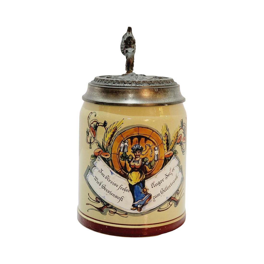 Mettlach #1526 Beer Stein, Barmaid with Saying: 1/2 Liter Pottery Stein hand painted transfer, circa late1880's