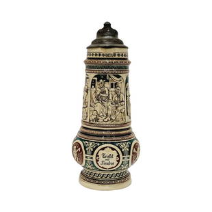 Dumler & Breiden #410 Beer Stein, Defregger Images: 2.5 Litter Pottery Stein in relief with pewter lid - Drink with Joy, Unity makes us strong, circa late 1880's