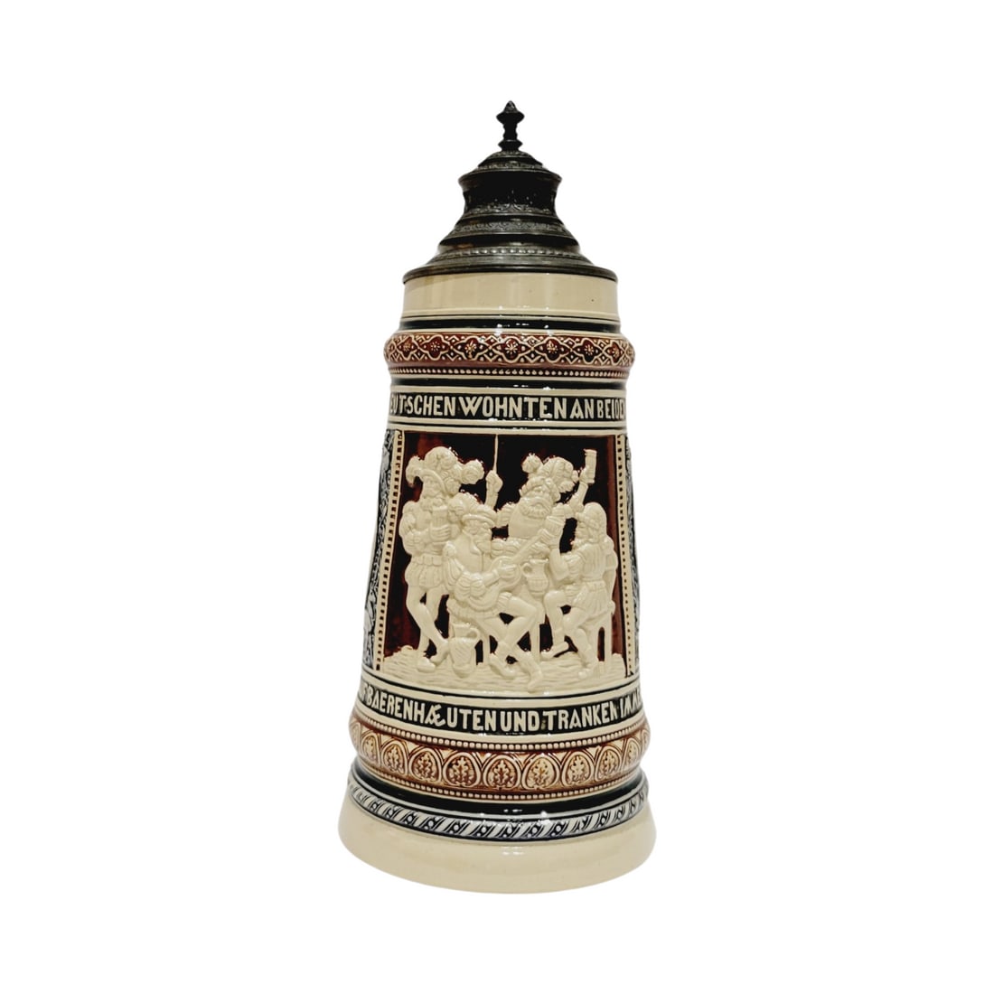 Reinhold Merkelbach #163 Beer Stein, Renaissance Figures: 2.5 Liter Pottery Stein in relief with pewter lid, circa early 1880's