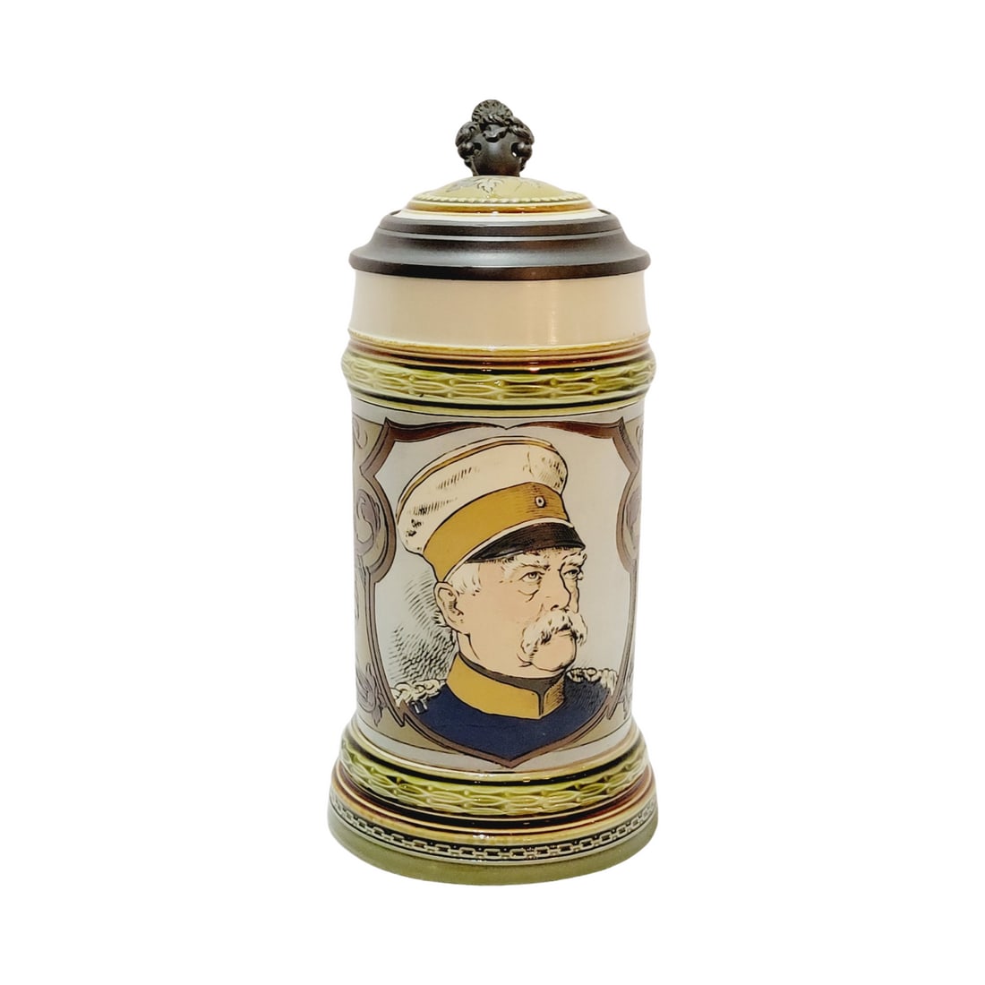 Mettlach #1794 Beer Stein, Bismark: 1/2 Pottery etched with inlaid with lid signed by Christian Warth, circa 1903