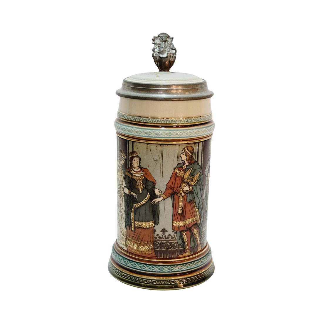 Mettlach #2402 Beer Stein, The Courting of Siegfried: 1/2 Liter Pottery etched with inlaid lid, circa1901