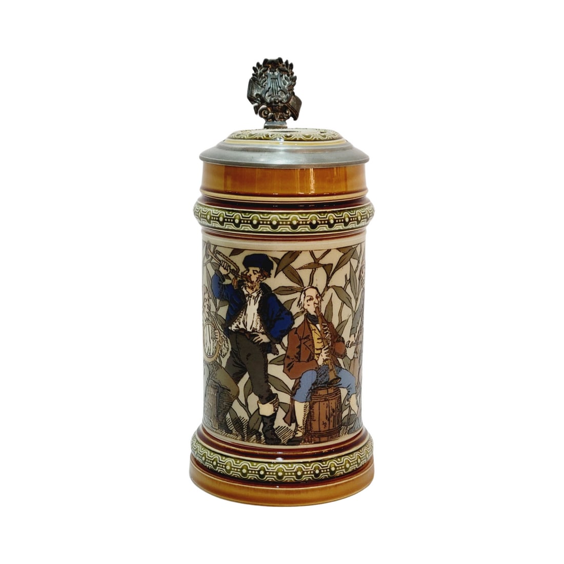 Mettlach #1163 Beer Stein, Musicians: 1/2 Liter Pottery etched with inlaid lid signed by Christian Warth, circa 1890