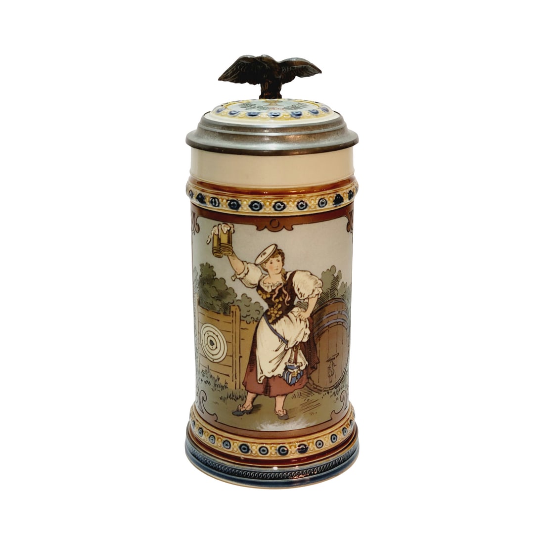 Mettlach #2235 Beer Stein, Schutzenliesel: 1/2 Pottery etched with inlaid lid, circa 1899
