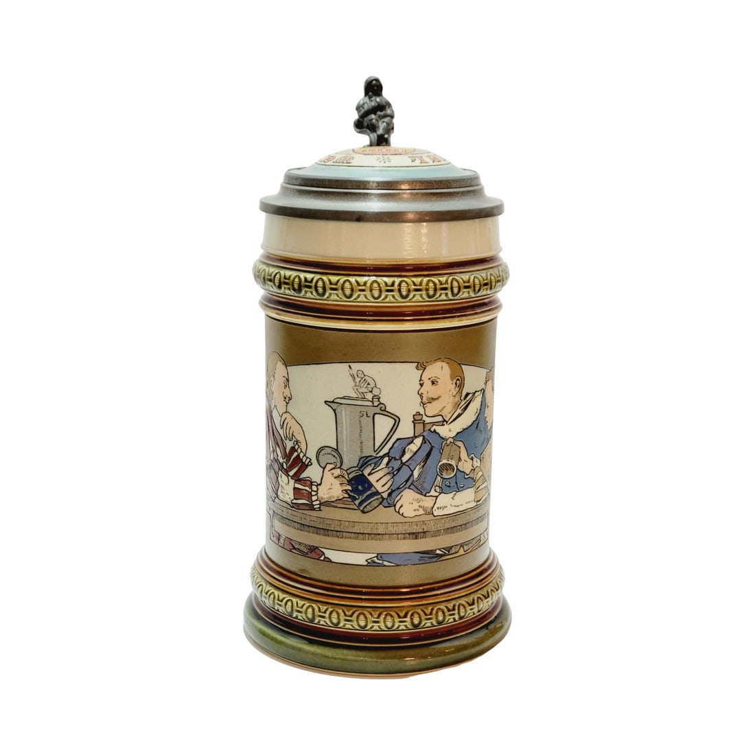 Mettlach #2068 Beer Stein, Old German Drinkers: 1/2 Liter Pottery etched with inlaid lid, circa 1900