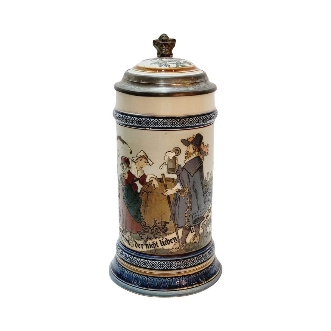 Mettlach #2230 Beer Stein, Dutch Councilman & Barmaid: 1/2 Liter Pottery etched with inlaid lid - A man only appears to be one, if he cannot love or drink, circa 1896