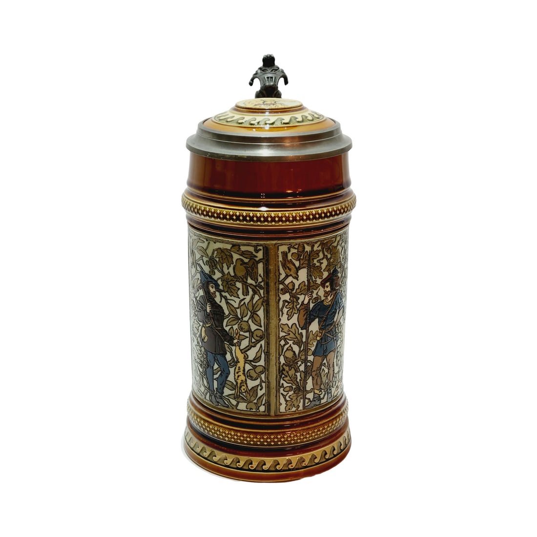 Mettlach #1154 Beer Stein, Hunters: 1.0 Liter Pottery etched with inlaid lid, circa 1885