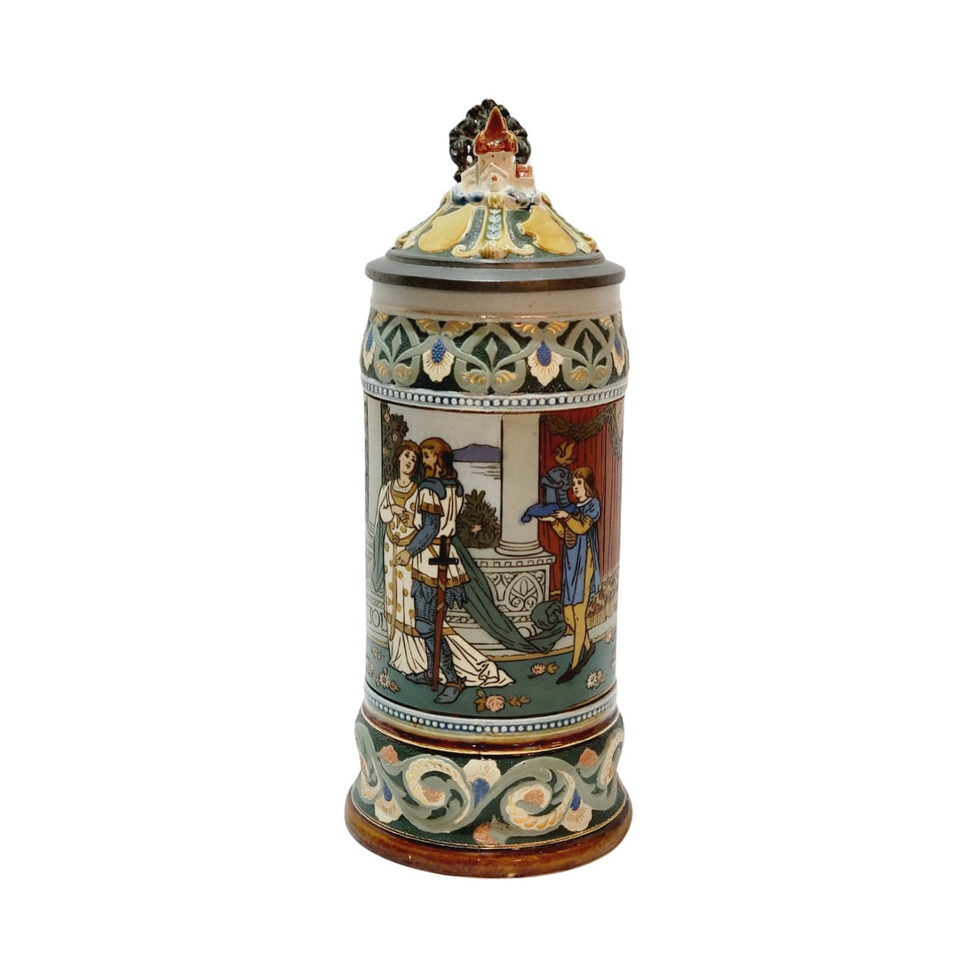 Mettlach #2891 Beer Stein, The Swan Knight's Wedding: 1.0 Liter Pottery etched with inlaid lid, circa 1897