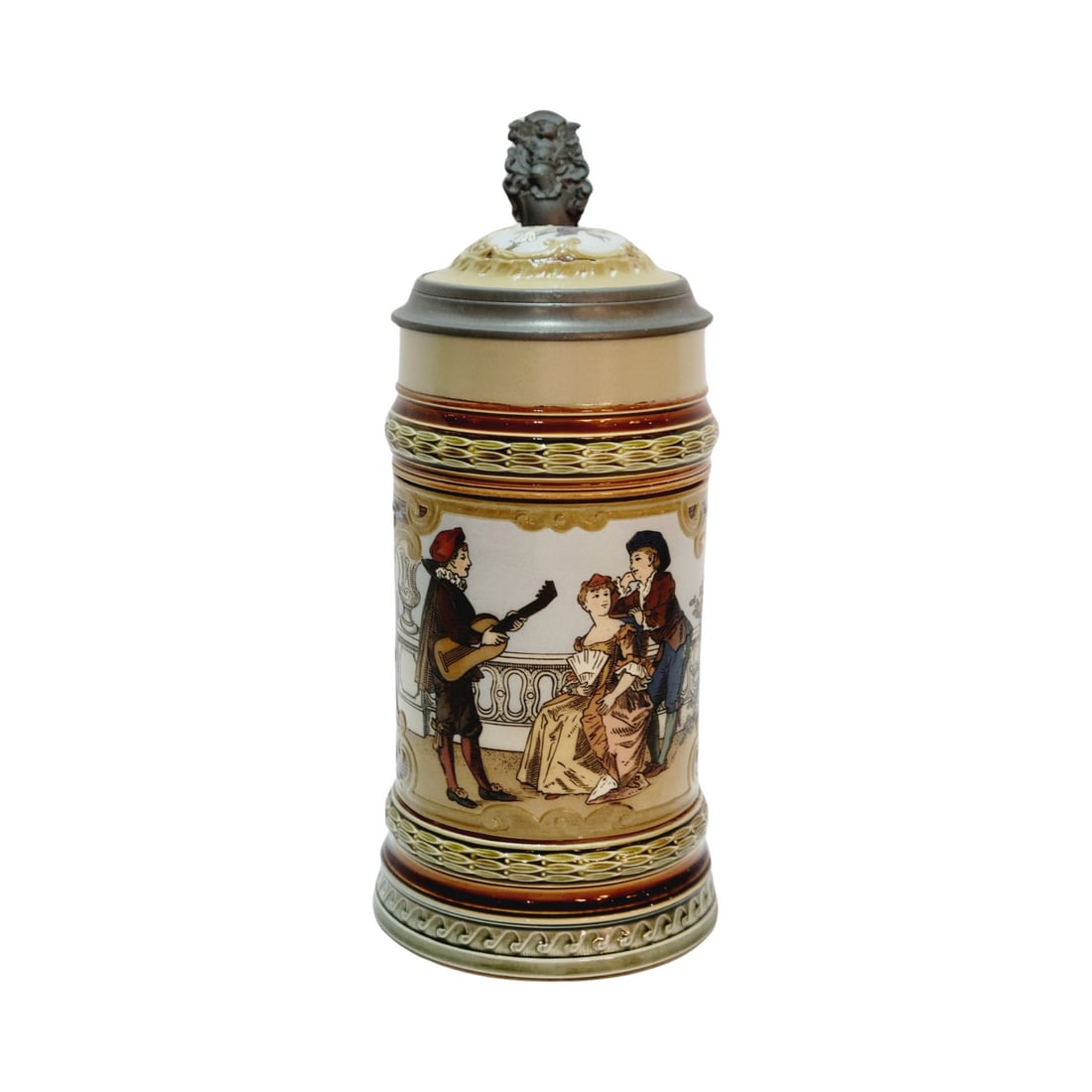Mettlach #2285 Beer Stein, Guitar Player: 1.0 Liter Pottery etched with inlaid lid, circa 1897