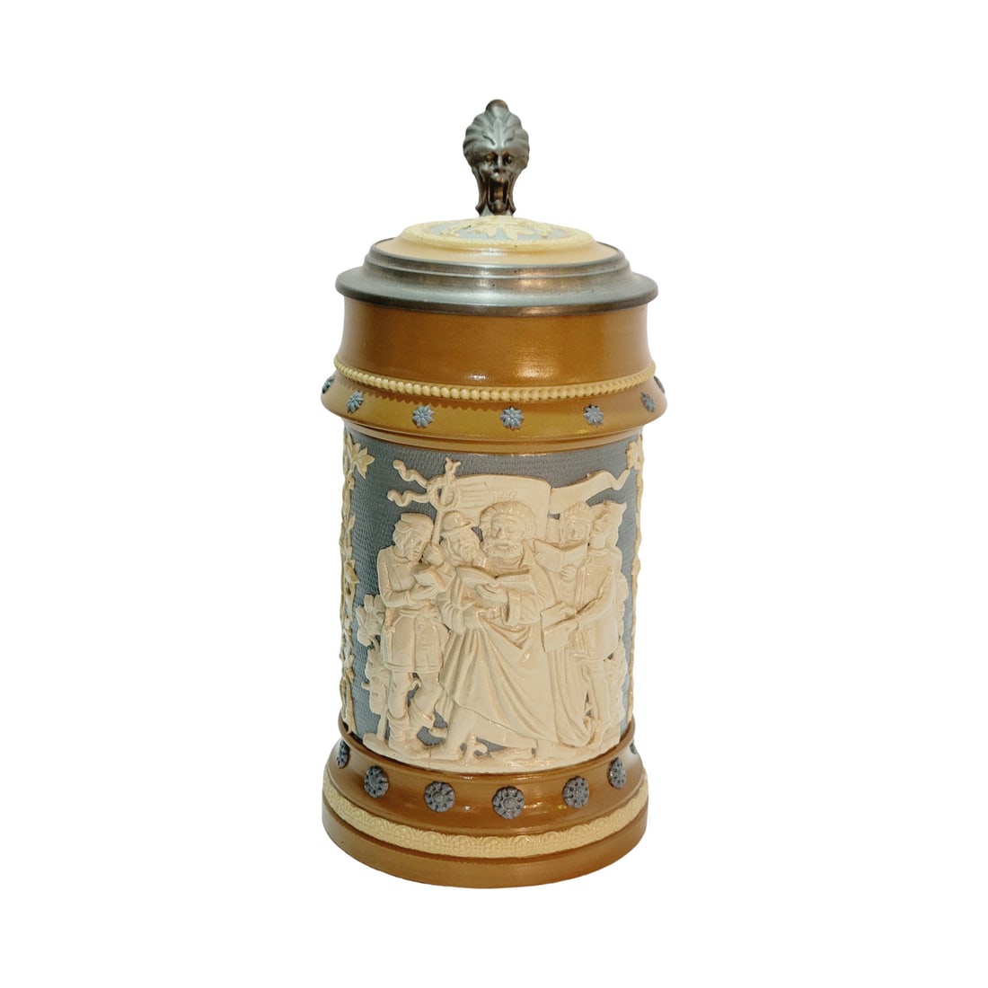 Mettlach #202 Beer Stein, Singers: 1.0 Liter Pottery in relief design attributed to Ludwig Foltz II, circa 1900