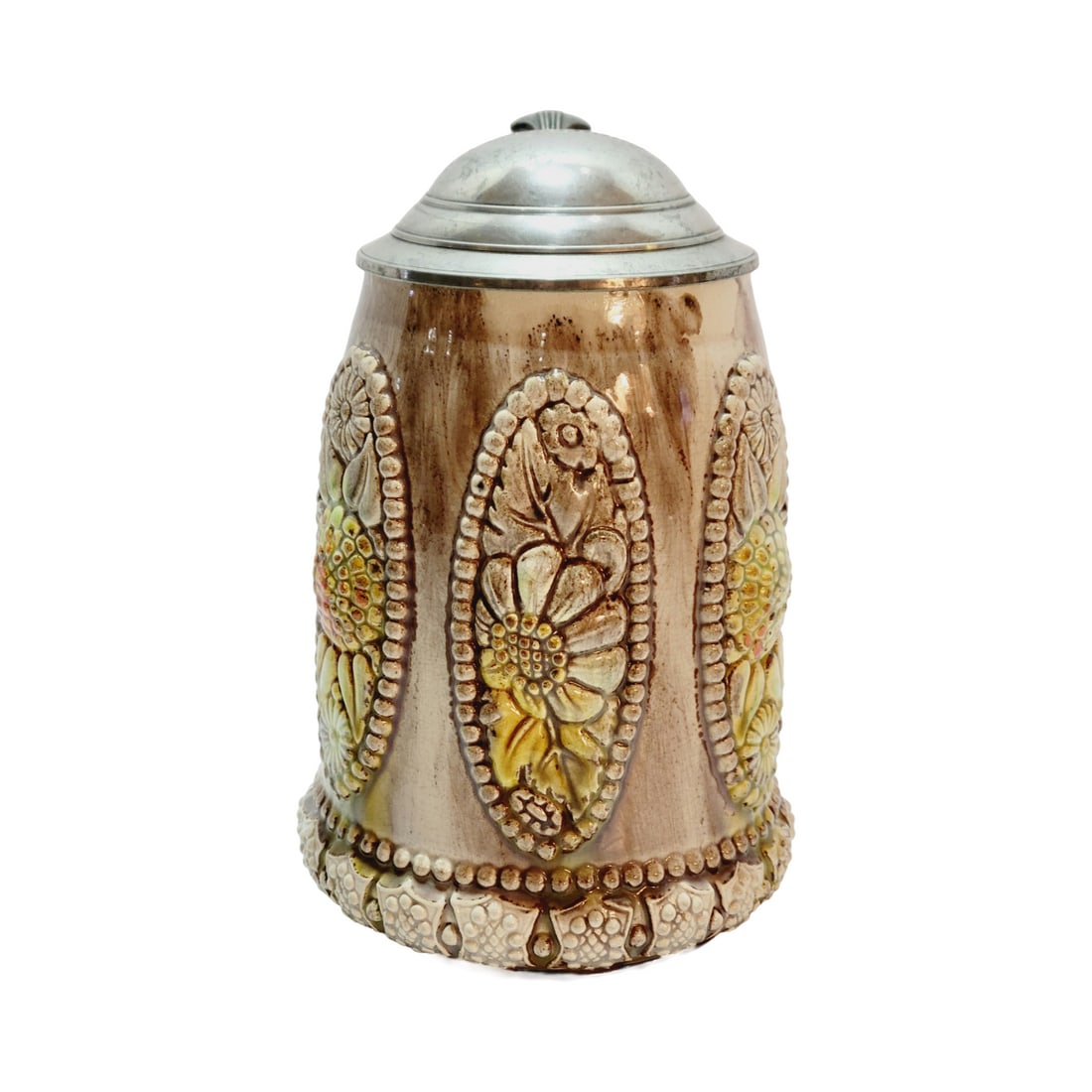 Marzi & Remy #2788 Beer Stein, Art Deco Floral Design: 1.0 Liter Pottery in relief with pewter lid, circa late 1930's