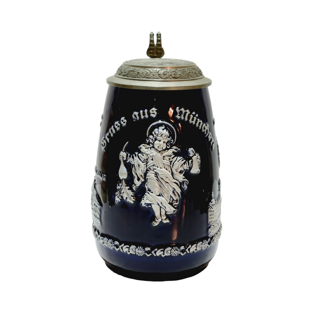 Wick-Werke #7220 Beer Stein, Munich Child: 1.0 Liter Stoneware in relief with pewter lid, circa 1930's